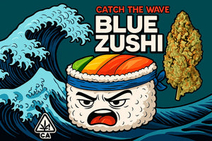 Eine Kreative zeichnung von Sushi auf einer Welle