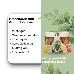 GreenBaron CBD Gummibärchen – 1000 mg CBD, fruchtig, laborgeprüft, hergestellt in Deutschland, Produktgrafik mit Bären und Zutatenliste