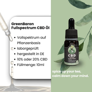GreenBaron Fullspectrum CBD Öl – 10 ml Vollspektrum auf Pflanzenbasis, 10 % oder 20 % CBD, laborgeprüft und in Deutschland hergestellt