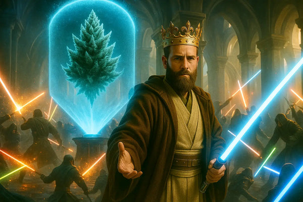 Epische Darstellung eines Jedi im Star-Wars-Stil mit blauem Lichtschwert vor einem leuchtenden Hologramm einer grünen Blüte – Symbol für die CBD-Sorte Skywalker, bekannt für entspannende Wirkung, galaktischen Geschmack und himmlische Qualität.