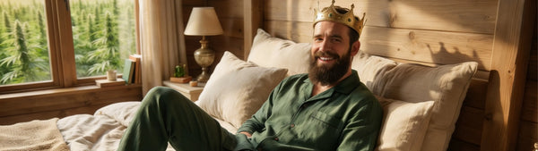 Der GreenBaron liegt im Bett und ist CBD Gummibärchen