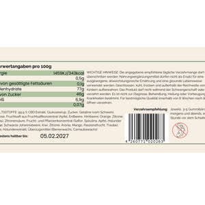 Rückseite der GreenBaron CBD-Gummibärchen – Nährwerttabelle, Zutatenliste, Verzehrempfehlung und Mindesthaltbarkeitsdatum auf Verpackung
