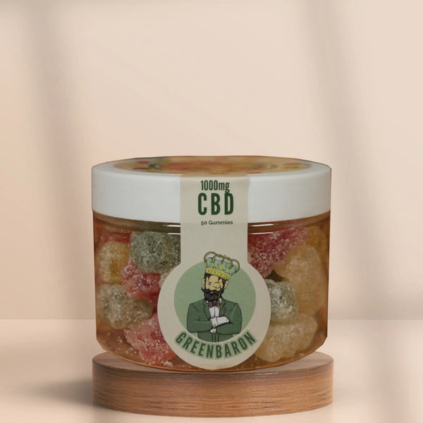 GreenBaron CBD-Gummibärchen – 1000 mg CBD, 50 Stück im Glas, bunt gemischte Bären mit Zuckermantel, Produktfoto mit Markenetikett