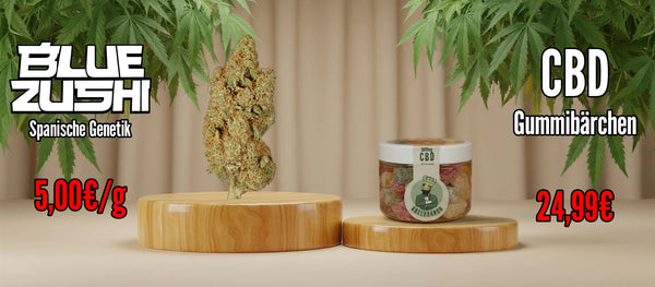 CBD Blüte Blue Zushi und CBD Gummibärchen von GreenBaron – hochwertige CBD Produkte für Entspannung.“