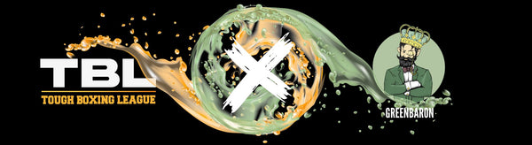 Kooperation zwischen GreenBaron und TBL Tough Boxing League – Banner mit dynamischem Splash-Design und Markenlogos, 2200x600 px