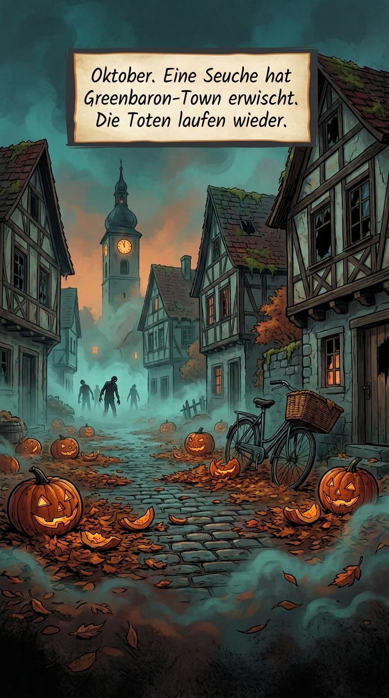 Zombieland-Comic von GreenBaron, Folge 1, Bild 1 von 3: Der Baron mit goldener Krone und Spaten in Greenbaron-Town, Beginn seiner Mission in der Zombie-Apokalypse