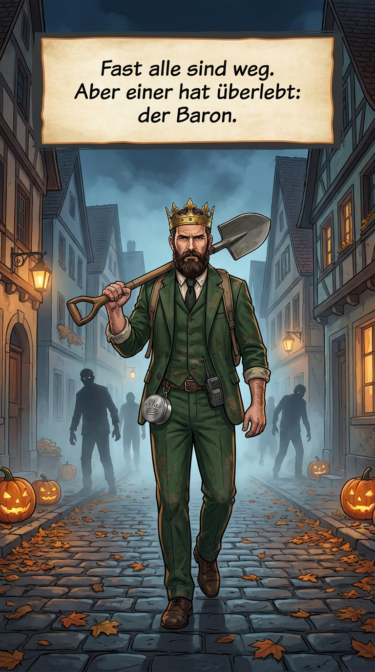 Zombieland-Comic von GreenBaron, Folge 1, Bild 2 von 3: Der Baron mit goldener Krone und Spaten in Greenbaron-Town, Beginn seiner Mission in der Zombie-Apokalypse