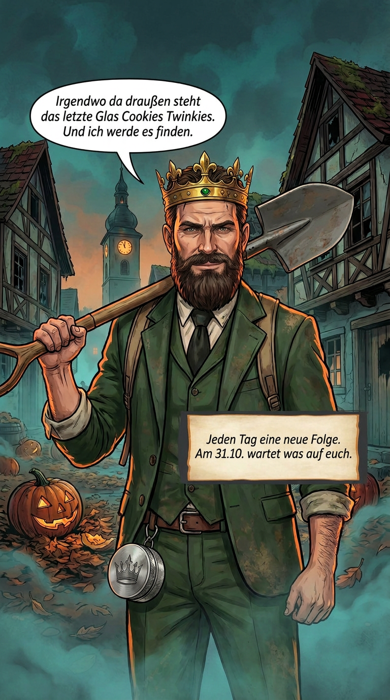 Zombieland-Comic von GreenBaron, Folge 1, Bild 3 von 3: Der Baron mit goldener Krone und Spaten in Greenbaron-Town, Beginn seiner Mission in der Zombie-Apokalypse