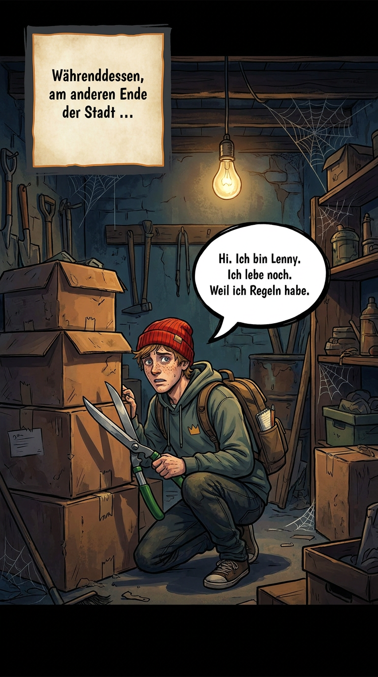 Zombieland-Comic von GreenBaron, Folge 2, Bild 1 von 3: Lenny, der Neuling mit roter Mütze und Trimmschere, und die Überlebensregeln 1 und 2