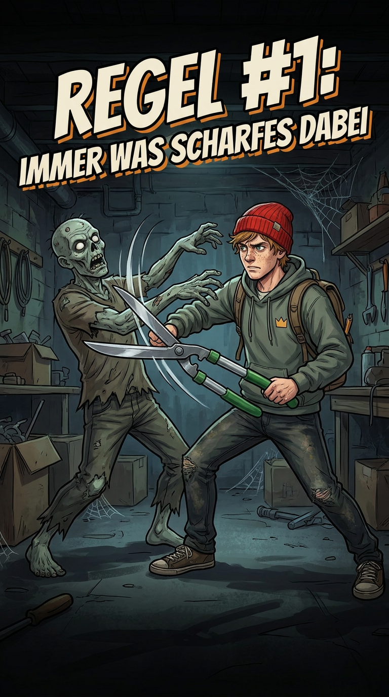 Zombieland-Comic von GreenBaron, Folge 2, Bild 2 von 3: Lenny, der Neuling mit roter Mütze und Trimmschere, und die Überlebensregeln 1 und 2