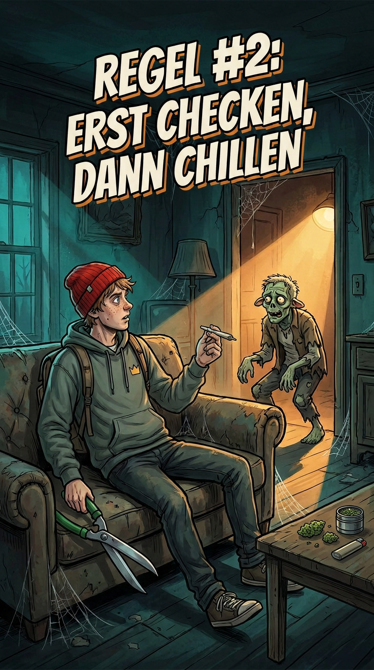 Zombieland-Comic von GreenBaron, Folge 2, Bild 3 von 3: Lenny, der Neuling mit roter Mütze und Trimmschere, und die Überlebensregeln 1 und 2