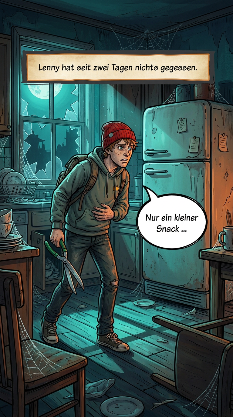 Zombieland-Comic von GreenBaron, Folge 3, Bild 1 von 3: Der Zombie im Kühlschrank und die Überlebensregel 3, Kühlschränke nie blind aufmachen