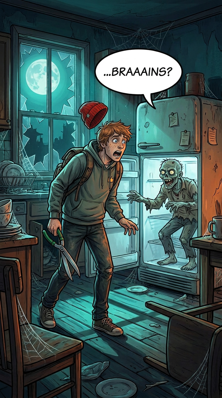 Zombieland-Comic von GreenBaron, Folge 3, Bild 2 von 3: Der Zombie im Kühlschrank und die Überlebensregel 3, Kühlschränke nie blind aufmachen