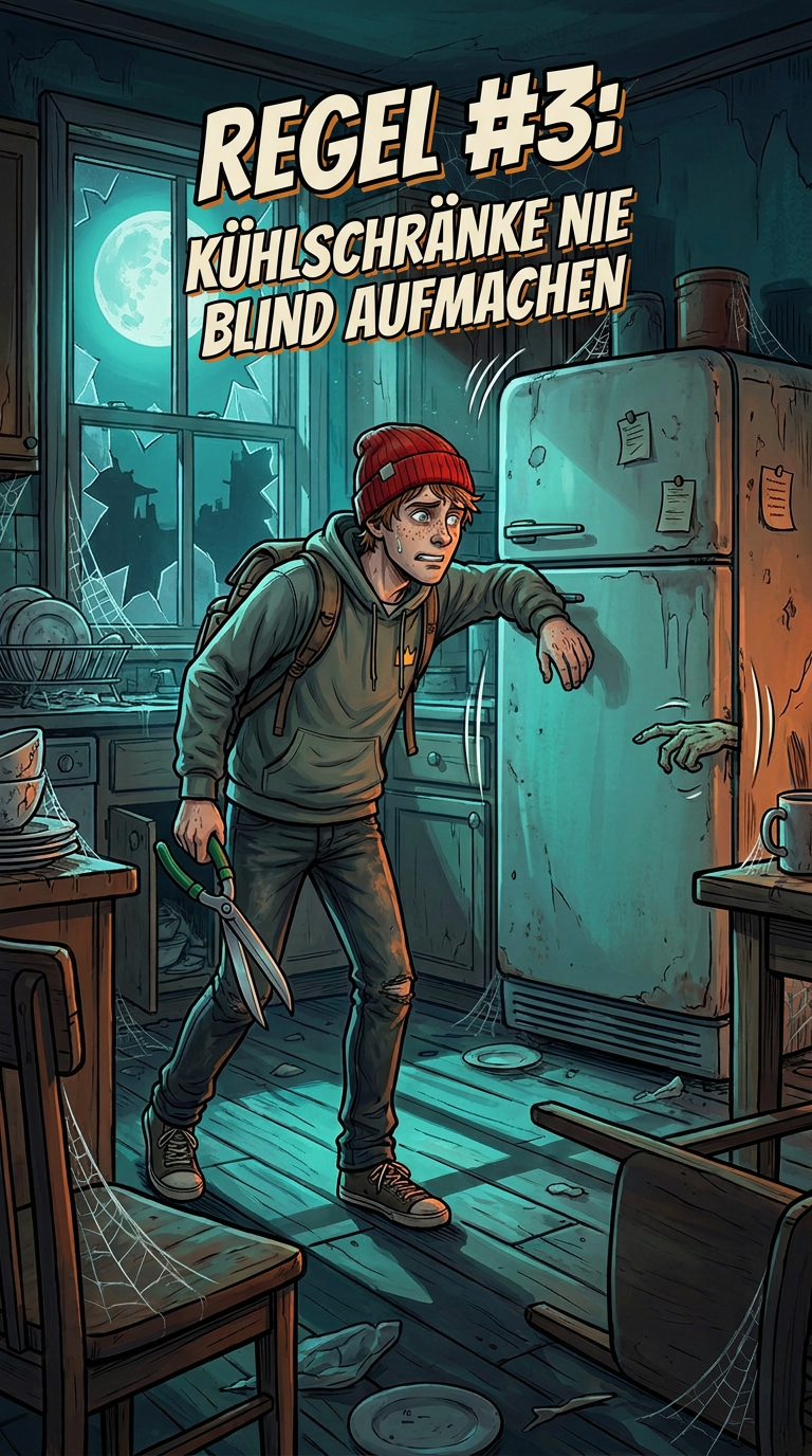 Zombieland-Comic von GreenBaron, Folge 3, Bild 3 von 3: Der Zombie im Kühlschrank und die Überlebensregel 3, Kühlschränke nie blind aufmachen