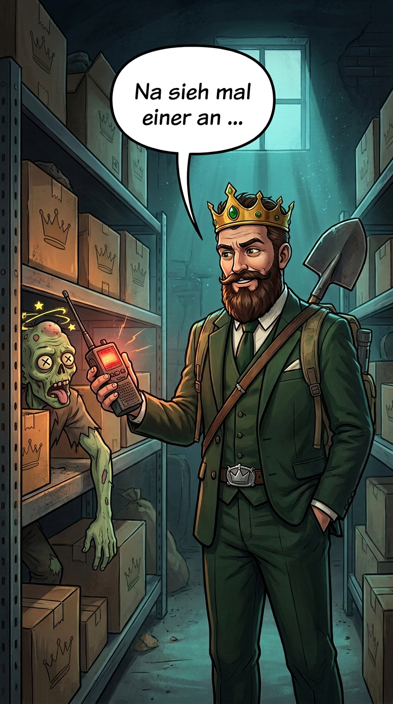Zombieland-Comic von GreenBaron, Folge 4, Bild 2 von 3: Der Baron findet in einer Lagerhalle ein Funkgerät