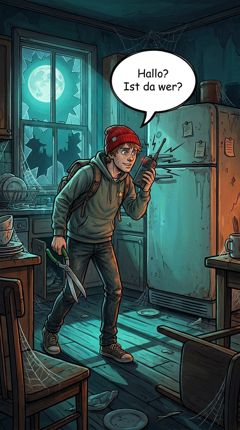 Zombieland-Comic von GreenBaron, Folge 5, Bild 2 von 3: Lenny findet ein Funkgerät, der Baron sucht Mitüberlebende und das letzte Glas Cookies Twinkies