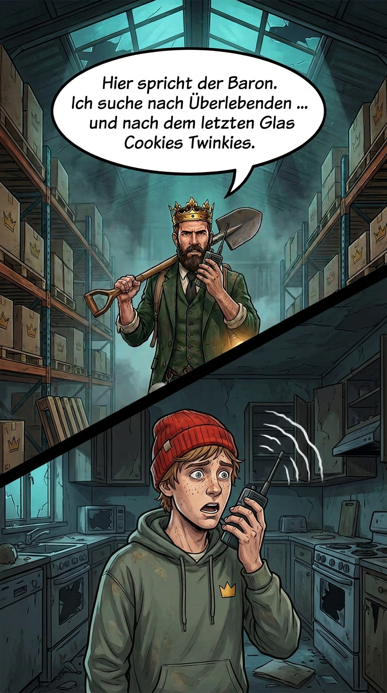 Zombieland-Comic von GreenBaron, Folge 5, Bild 3 von 3: Lenny findet ein Funkgerät, der Baron sucht Mitüberlebende und das letzte Glas Cookies Twinkies