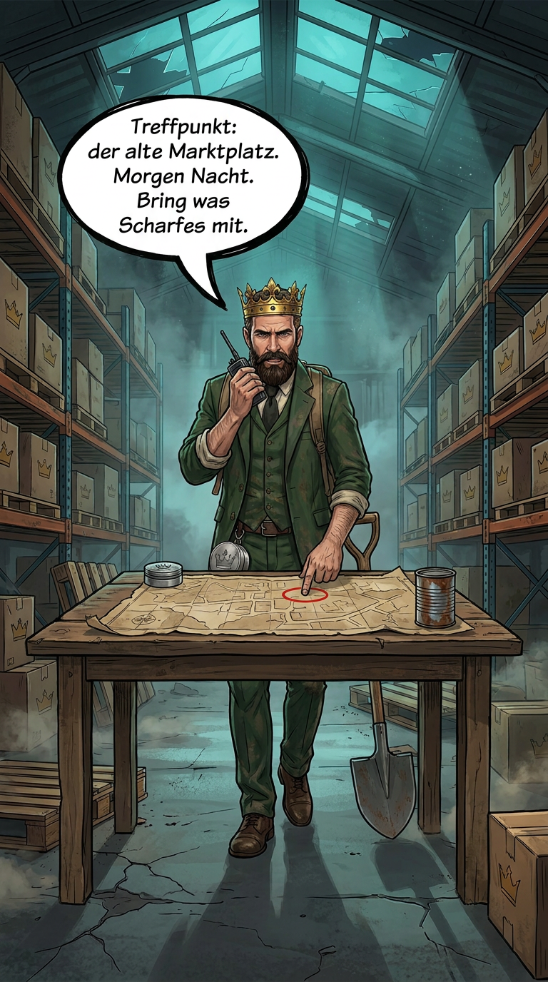 Zombieland-Comic von GreenBaron, Folge 6, Bild 3 von 3: Lenny und der Baron verabreden sich per Funk, Treffpunkt ist der alte Marktplatz von Greenbaron-Town