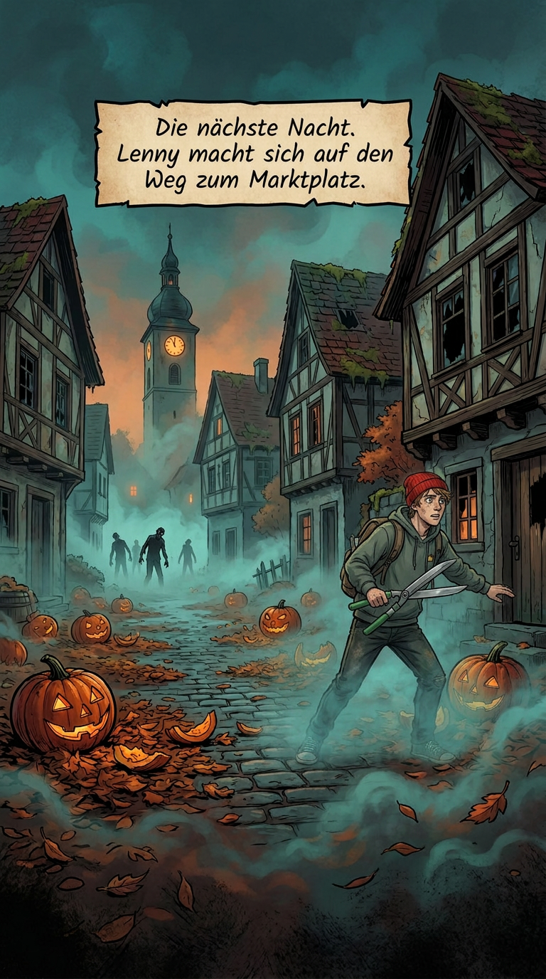 Zombieland-Comic von GreenBaron, Folge 7, Bild 1 von 3: „Die nächste Nacht. Lenny macht sich auf den Weg zum Marktplatz.“ Lenny mit roter Mütze und Trimmschere geht durch eine neblige Gasse mit Kürbissen in Greenbaron-Town, im Hintergrund nähern sich Zombies
