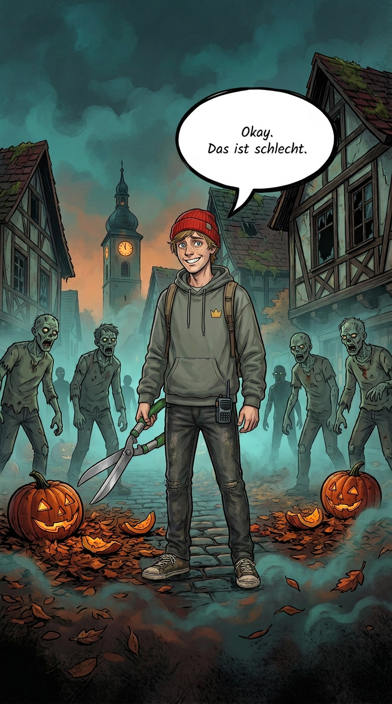 Zombieland-Comic von GreenBaron, Folge 7, Bild 2 von 3: Lenny ist auf dem Weg zum alten Marktplatz, Zombies umzingeln ihn