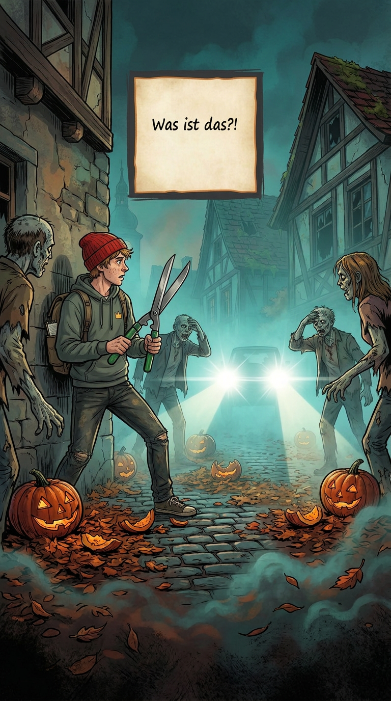 Zombieland-Comic von GreenBaron, Folge 7, Bild 3 von 3: Lenny ist umzingelt, Scheinwerfer leuchten auf