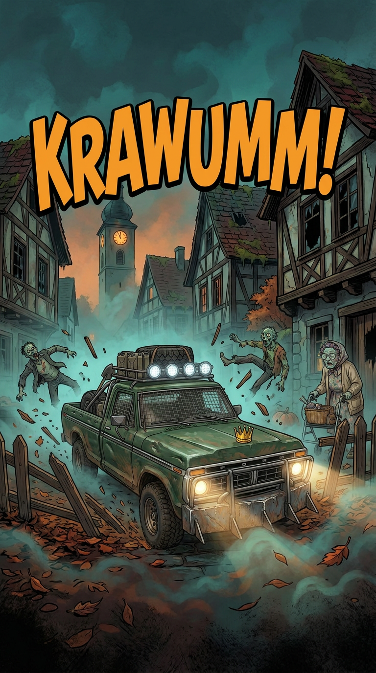Zombieland-Comic von GreenBaron, Folge 8, Bild 1 von 3: Der Baron rettet Lenny mit seinem Survival-Pickup, Steig ein Kleiner, und die Überlebensregel 4, Nie ohne Stil