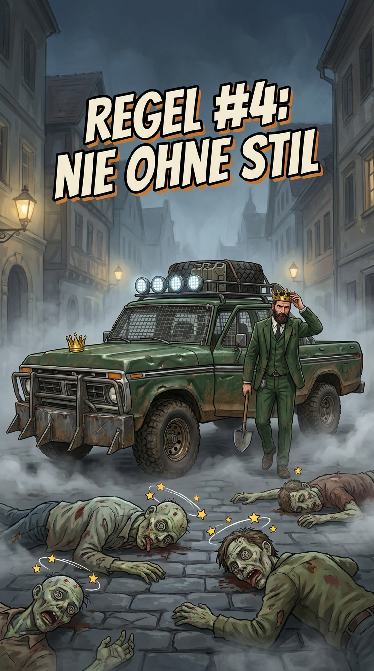 Zombieland-Comic von GreenBaron, Folge 8, Bild 2 von 3: Der Baron rettet Lenny mit seinem Survival-Pickup, Steig ein Kleiner, und die Überlebensregel 4, Nie ohne Stil
