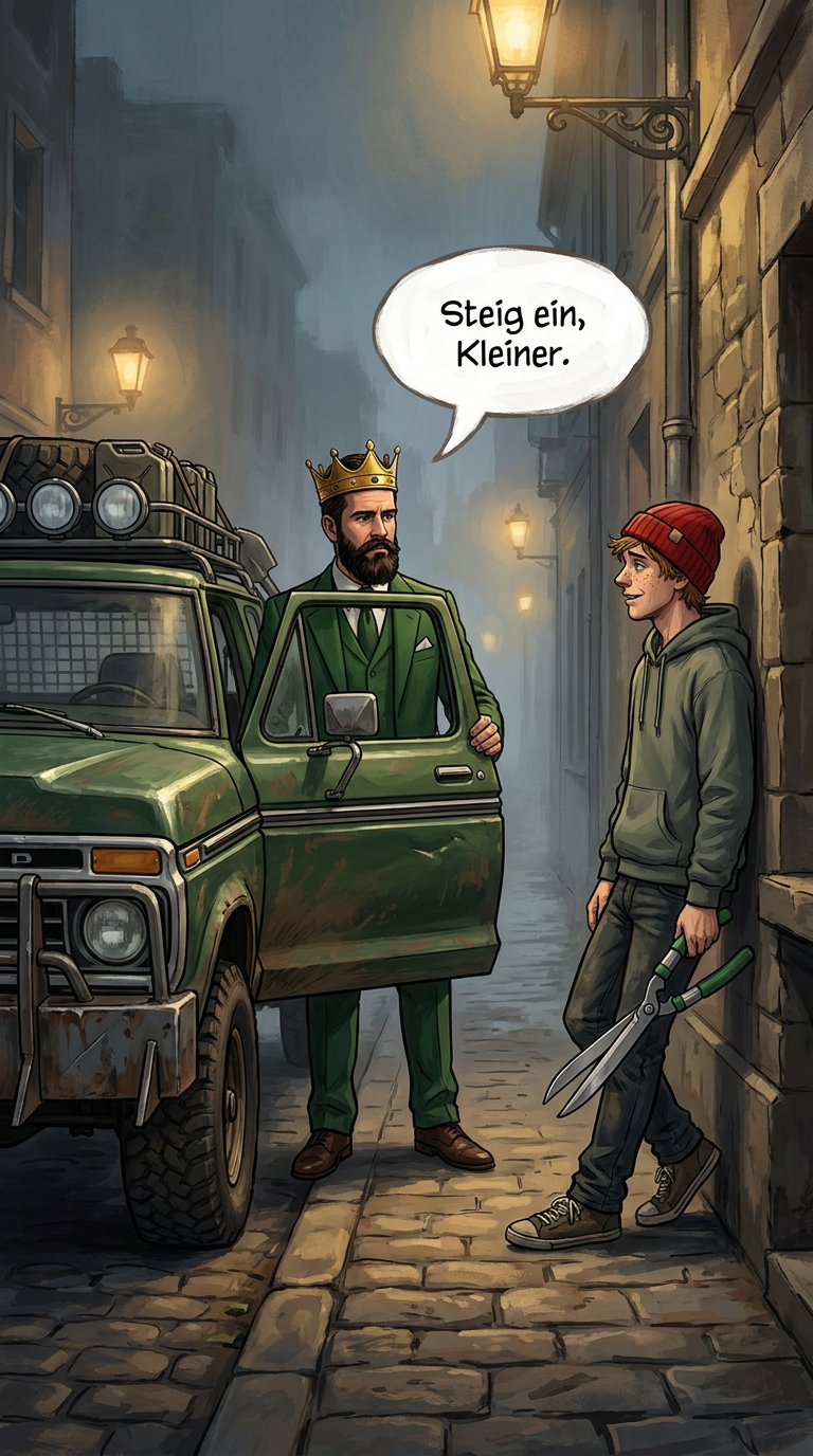 Zombieland-Comic von GreenBaron, Folge 8, Bild 3 von 3: Der Baron rettet Lenny mit seinem Survival-Pickup, Steig ein Kleiner, und die Überlebensregel 4, Nie ohne Stil