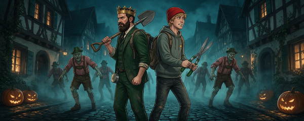 Comic-Szene aus dem Greenbaron-Zombieland-Comic: Der Baron mit Spaten und Lenny mit Trimmschere stehen Rücken an Rücken im nebligen Greenbaron-Town, hinter ihnen schlurfen Zombies wie Zombie Sepp aus dem Nebel