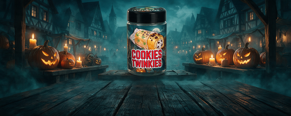 Das Glas der Halloween-Sorte Cookies Twinkies von GreenBaron steht auf einem Marktstand zwischen Kerzen und leuchtenden Kürbissen im nebligen Greenbaron-Town bei Nacht