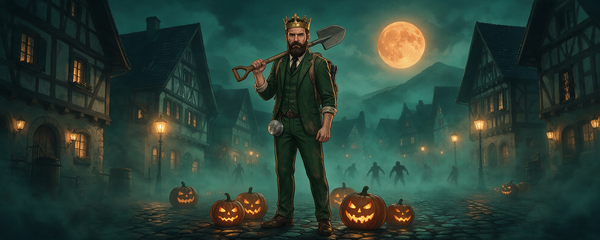 Der Baron mit goldener Krone und Spaten steht zwischen leuchtenden Halloween-Kürbissen im nebligen Greenbaron-Town unter einem orangefarbenen Mond, im Hintergrund Zombie-Silhouetten