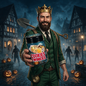 Der Baron mit goldener Krone hält das Glas Cookies Twinkies von GreenBaron in die Kamera, im nebligen Greenbaron-Town bei Nacht mit Kürbissen und Zombie-Silhouetten
