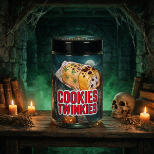 Das Glas Cookies Twinkies von GreenBaron auf einem rustikalen Holztisch in einem dunklen Gruselkeller mit Kerzen, Spinnweben, alten Büchern und einem Totenkopf