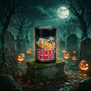 Das Glas der Halloween-Sorte Cookies Twinkies von GreenBaron steht auf einem moosbewachsenen Grabstein auf einem nebligen Friedhof bei Nacht, umgeben von leuchtenden Kürbissen und Spinnweben